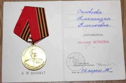 Медаль "За боевые заслуги", Медаль "За победу над Германией в ВОв 1941-1945", Орден "Отечественной войны II степени", Медаль "Жукова"