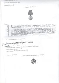 Медали " За отвагу"; "За оборону Сталинграда";Орден Великой отечественной войны 1ой степени
