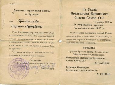 5 апреля 1945 Указом Президиума Верховного Совета Союза ССР награжден медалью за взятие Будапешта