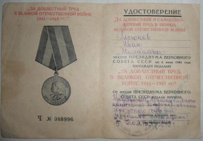 Медаль "ЗА ДОБЛЕСТНЫЙ ТРУД В ВЕЛИКОЙ ОТЕЧЕСТВЕННОЙ ВОЙНЕ 1941-1945 гг."