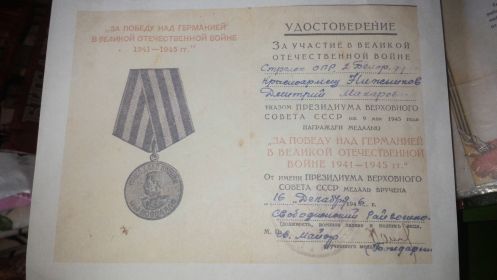 Награжден медалью "За победу над Германией в Великой Отечественной войне 1941-1945 гг.".