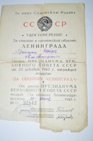 Медаль  "За боевые заслуги "  № 1884877, медаль "За оборону Ленинграда" ,  медаль "За  взятие Берлина" , Орден  Отечественной войны II степени