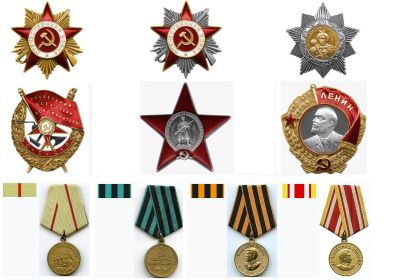 Медали: "За оборону Сталинграда" (1942); "За взятие Кенигсберга" (1945); "За победу над Германией в ВОВ 1941-1945 гг." (1945); "За победу над Японией" (1945)