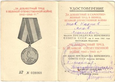 Медаль "За доблестный труд в ВОВ 1941-1945гг."