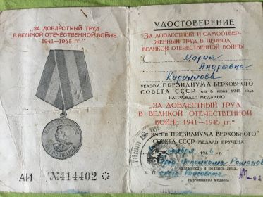 Медаль за доблестный труд в ВОВ 1941-1945