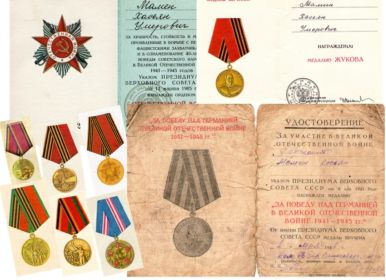 Орден Отечественной войны II степени,  медаль Жукова (1995г.), и медаль «За победу над Германией в Великой Отечественной войне 1941-1945 гг.» (1 мая 1946г.)