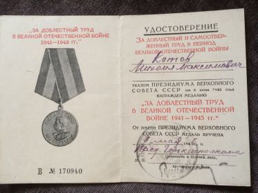 Медаль «За доблестный труд в Великой Отечественной войне 1941-1945 г.г.»
