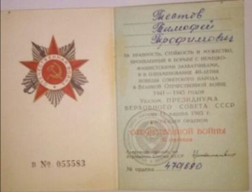 Орденом Великой Отечественной войны II степени (№ ордена 4701690),