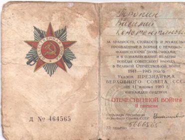 Орден Отечественной войны II степени, №5666565 от 11.03.1985г.