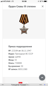 Орден Славы 3 степени № 90089