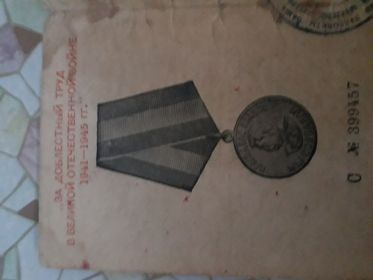 Медаль"ЗА ДОБЛЕСТНЫЙ ТРУД В ВЕЛИКОЙ ОТЕЧЕСТВЕННОЙ ВОЙНЕ 1941-1945 ГГ."