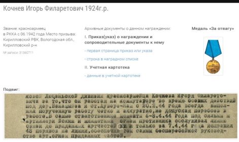 Медаль «За оборону Ленинграда»-1943год; медаль «За Отвагу»-1944год
