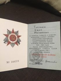 Орден "Отечественной войны" II степени (№ ордена 1328873 № орденской книжки 244273)