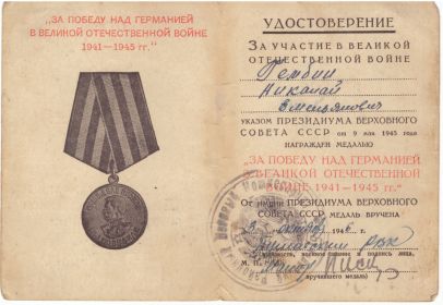 Медаль "За победу над Германией в Великой Отечественной войне 1941-1945 гг.".