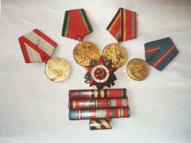 медаль "Жукова", орден "Отечественной Войны", медаль "Тридцать лет победы", Медаль "Пятьдесят лет Вооруженных сил СССР"
