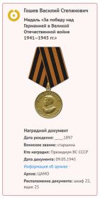 Медаль «За победу над Германией в Великой Отечественной войне 1941–1945 гг.» от 09.05.1945