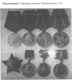 Орден Красная Звезда, более 10 медалей, а также 10 благодарностей от командования.