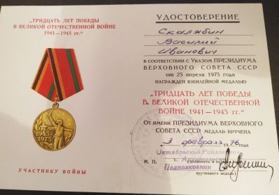 Медаль "Тридцать лет победы в Великой Отечественной войне 1941-1945 гг."