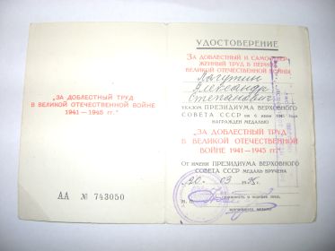 Медаль "За доблестный труд в ВОВ 1941-1945г. "