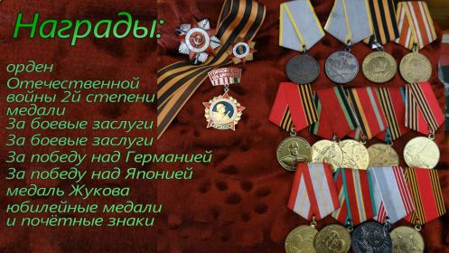 орден Отечественной войны, медли: 2 за боевые заслуги, за победу над Германией, за победу над Японией, медаль Жукова.