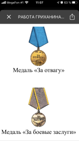 Медаль “За отвагу»,За боевые заслуги»»30 лет Победы», орден Отечественной войны 2 степени, юбилейные медали 30,50 лет Вооруженных сил СССР.