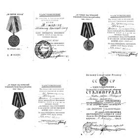 Медаль за оборону Москвы, за оборону Сталинграда, за Отвагу, за взятие Будапешта, за взятие Вены, за Победу над Германией