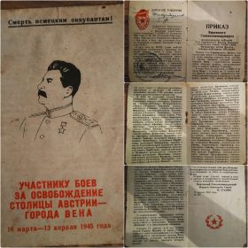 Благодарность  Участнику боев за освобождение столицы Австрии-города Вена 16 марта-13 апреля 1945г