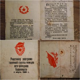 Благодарность за участие в разгроме танковой группы немцев юго-западнее Будапешта в марте 1945г