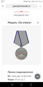 Наградой лист, орден "Красная Звезда", медаль"За Боевые Заслуги", медаль"За Отвагу".