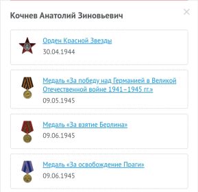 Награды: Медаль «За освобождение Праги»,Медаль «За победу над Германией в Великой Отечественной войне 1941–1945 гг.»
