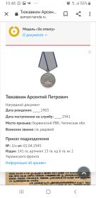 Всего 14 медалей, одна из них Медаль за отвагу, Медаль за победу над Японией, 7 не полученных.