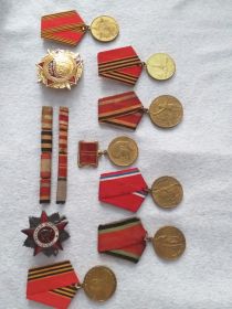 Медаль"за отвагу",медали"за боевые заслуги","за трудовую доблесть","за трудовое отличие", "за оборону Москвы"