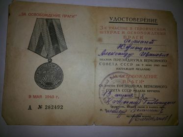За оборону Ленинграда», «За отвагу», орденом  «Красная звезда». За участие в героическом штурме и освобождении Праги награжден медалью «За освобождение Праги».