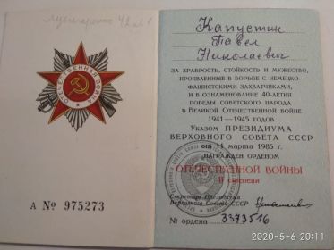Орден Отечественной войны II степени, медаль за победу над Германией в Великой Отечественной войне 1941-1945
