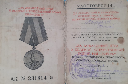 Медалью "ЗА ДОБЛЕСТНЫЙ ТРУД   В ВЕЛИКОЙ ОТЕЧЕСТВЕННОЙ ВОЙНЕ 1941-1945 гг." в 1947 году.