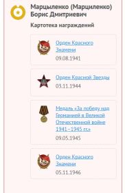 Орден Красного Знамени  09.08.1941, Орден Красной Звезды  03.11.1944, Медаль «За победу над Германией в Великой Отечественной войне 1941–1945 гг.»  09.05.1945 ,...