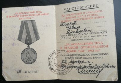 Медаль за доблестный труд в  Великой Отечественной войне.
