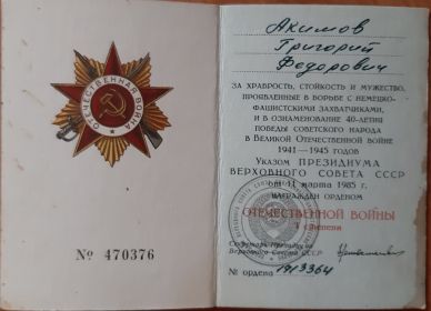 Орден ОТЕЧЕСТВЕННОЙ ВОЙНЫ 1 степени, Орден Красной Звёзды, Медаль «За победу над Германией в Великой Отечественной войне 1941 - 1945 гг.»
