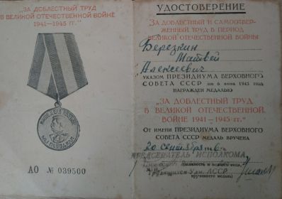 "ЗА ДОБЛЕСТНЫЙ ТРУД В ВЕЛИКОЙ ОТЕЧЕСТВЕННОЙ ВОЙНЕ 1941-1945 гг."