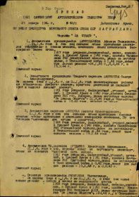 Медаль за отвагу 18.05.1942 г., Медаль за отвагу 20.08.1943 г., Медаль за отвагу 21.01.1945г., Медаль за Победу над Германией.