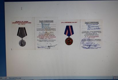 медаль «За победу над Германией», «20 лет победы в Великой отечественной войне 1941-1945 гг.» и «50 лет Вооруженных сил СССР».