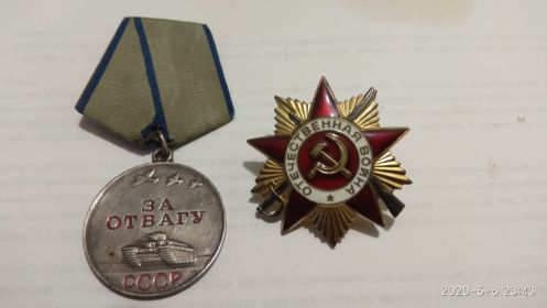 Медаль "За отвагу", Медаль " За Победу над Германией в ВОВ 1941-1945", Орден Великой Отечественной Войны 1 Степени