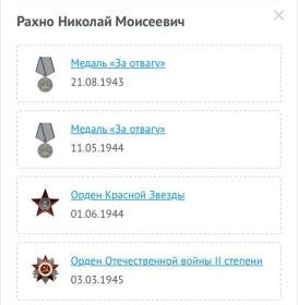 Медаль «За отвагу»,  Орден Красной Звёзды , Орден Отечественной войны II степени .