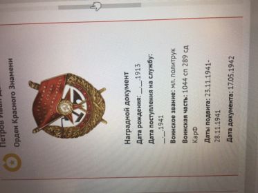 Орден  Красного Знамени; орден Красной Звезды; медаль "За победу над Германией в Великой Отечественной войне 1941 - 1945 г.г."
