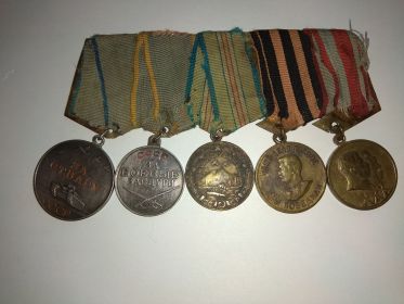 Слева направо :за отвагу, за боевые заслуги, за оборону Кавказа, за победу над Германией, медаль 30 лет вооружённым силам СССР