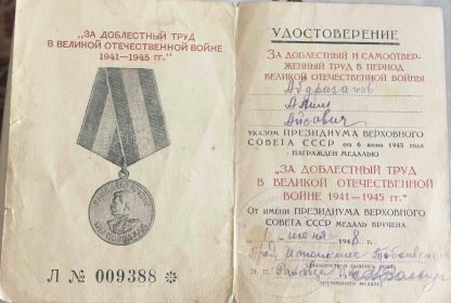 «За доблестный труд в Великой Отечественной войне в 1941-1945 г»