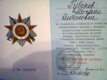 Медаль "За отвагу", "За победу над Германией", "За взятие Берлина",  "За взятие Кенигсберга", "За взятие Будапешта", в 1985 г. награжден Орденом Отечественной в...