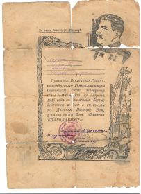 Благодарность от И.В. Сталина