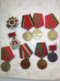 Медаль За боевые заслуги, орден Отечественной войны, знак Ветеран 59 армии, медаль Жукова, юбилейные медали к годовщинам празднования Дня победы
