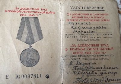 медаль «За Доблестный труд 1941-1945гг.»